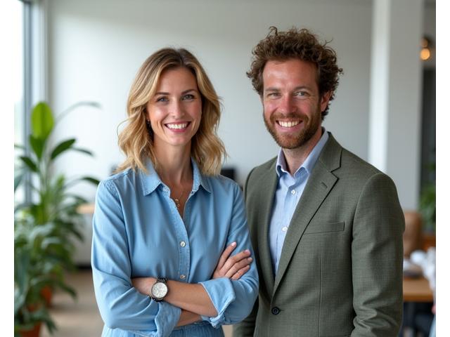 Two founders of Vigor Bloom Co., a woman and a man in their late 30s-early 40s, smiling confidently in a modern, light-filled office space, symbolizing shared vision and expertise.
