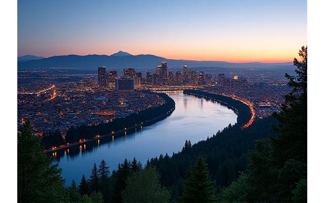 A serene panoramic view of the Portland, Oregon skyline at dusk, with the Willamette River in the foreground and verdant hills in the background, symbolizing urban connection to nature.