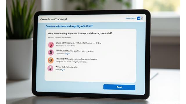 A clean, modern user interface of an online health assessment questionnaire with progress bar, icons illustrating digestive health, and a prominent 'Start Assessment' button.