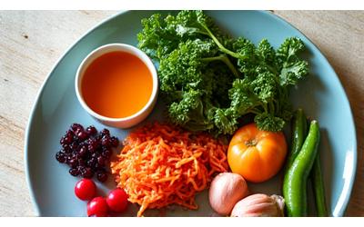 A vibrant plate of gut-friendly foods like fermented vegetables, bone broth, lean protein, and leafy greens, symbolizing a gut-healing dietary protocol.