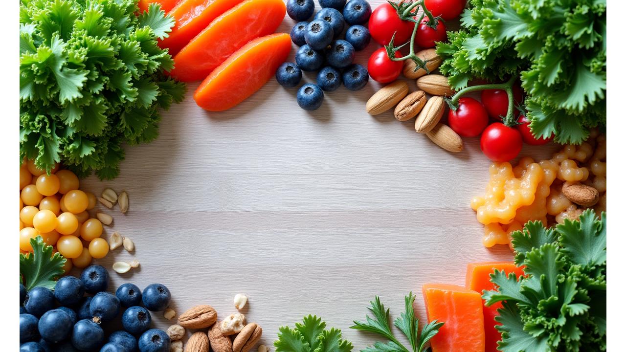 A vibrant image of healthy, diverse whole foods arranged artfully, symbolizing vitality and balanced nutrition for adults 35+.