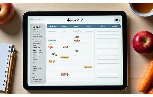 An aesthetically pleasing digital meal planning interface on a tablet, showing a weekly schedule with healthy meal icons and a shopping list.