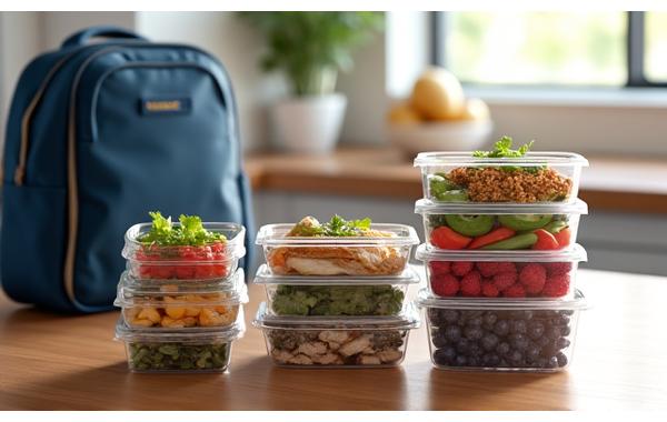 A diverse selection of prepped healthy meals in containers, suitable for batch cooking and grab-and-go convenience, set in a modern kitchen.
