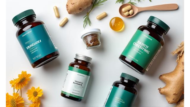A collection of carefully arranged, high-quality supplement bottles and natural ingredients (herbs, vitamins, minerals) on a clean, professional surface.