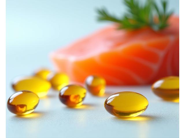 Close-up of omega-3 fish oil capsules and a fresh fish, symbolizing dietary supplements