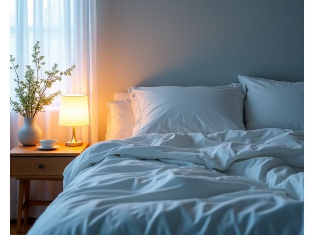 A serene bedroom scene with soft lighting, symbolizing good sleep hygiene