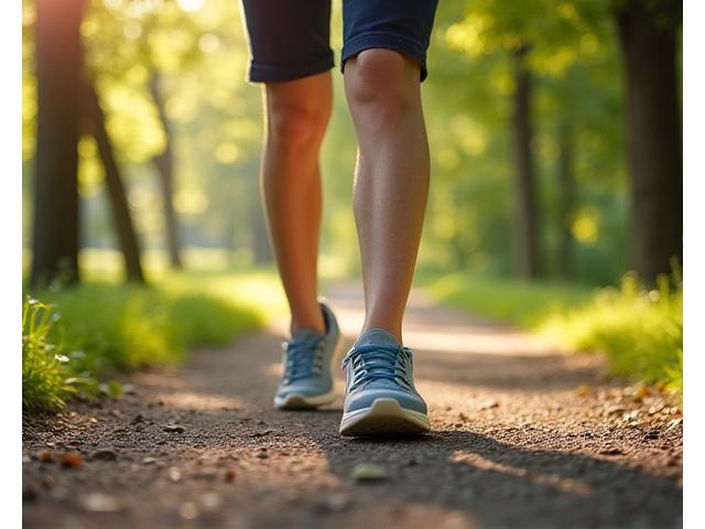 A person's legs walking on a path surrounded by nature, symbolizing mindful movement