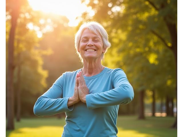 A serene, smiling senior woman practicing yoga outdoors, representing healthy aging