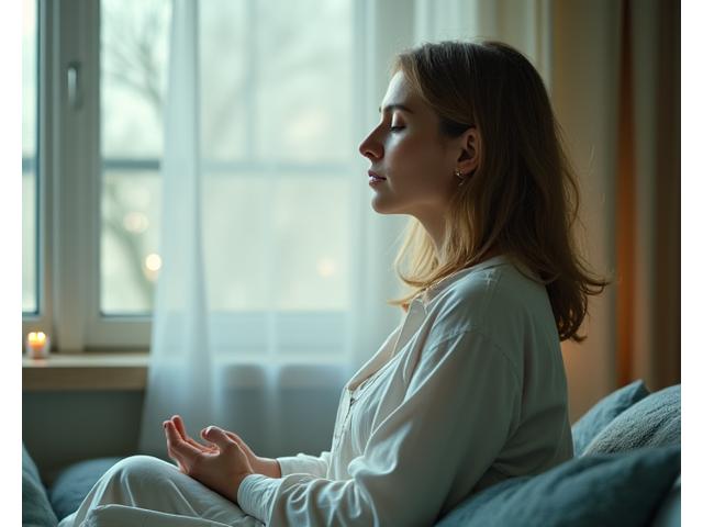A person meditating with calm expression, symbolizing mindfulness and mental wellness