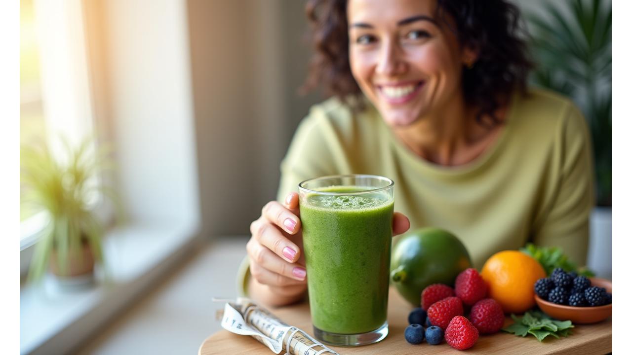 Close-up of a person's hands holding a green smoothie, with fresh fruit and a measuring tape in the background, symbolizing healthy living and measurable progress.