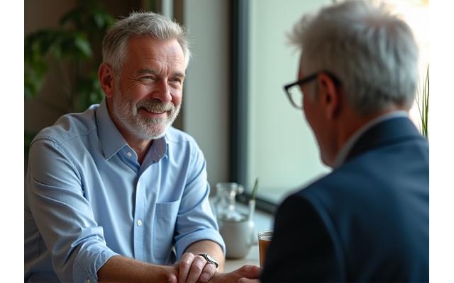 A man engaged in a thoughtful conversation with a healthcare professional, symbolizing active healthy aging and andropause management.