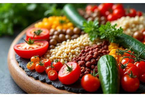 Colorful, healthy Mediterranean-style food platter reflecting Blue Zone dietary principles.