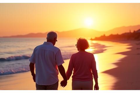 A joyful couple in their 70s, holding hands and smiling, walking along a beach at sunset.