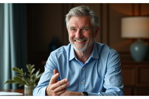 A confident man, David, in his early 60s, working energetically in his home office.
