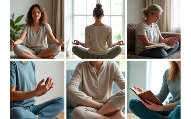 Diverse adults aged 35-50 engaging in various wellness activities like yoga, healthy cooking, hiking, and meditation, looking energetic and calm.