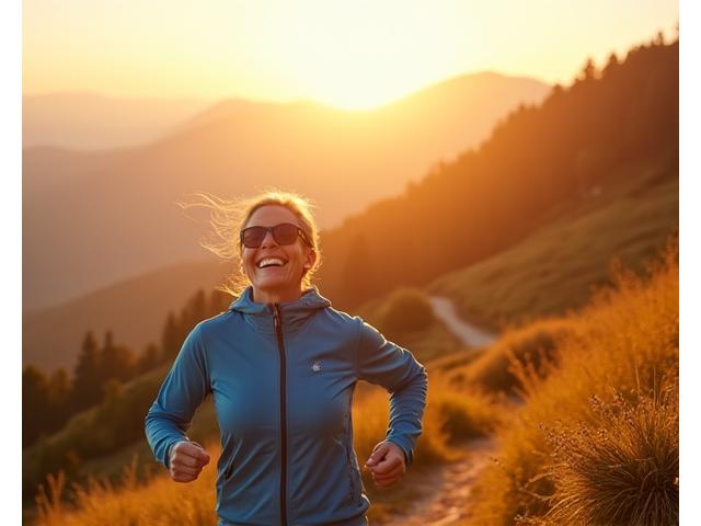 An active older adult (50s-60s) joyfully hiking on a scenic mountain trail during golden hour, embodying vitality and healthy aging.