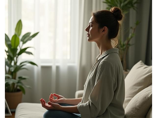 A woman in her 40s meditating peacefully in a calm, sunlit room, surrounded by subtle plants, conveying tranquility and stress relief.