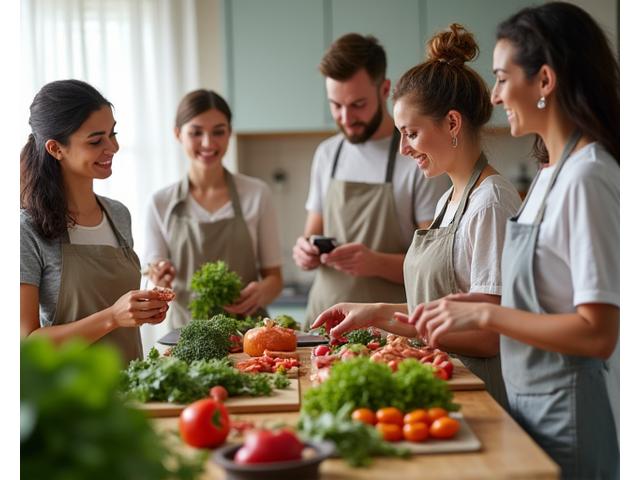 A diverse group of adults in their late 30s to early 50s preparing a healthy meal together in a modern, brightly lit kitchen.