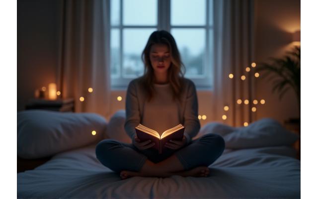 Person meditating away from a glowing phone, representing digital minimalism.