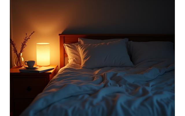 Cozy bedroom scene with dim lights and a book, representing evening wind-down practices.