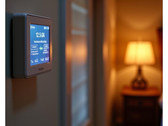 Cozy home interior with energy-efficient smart lighting and thermostat.