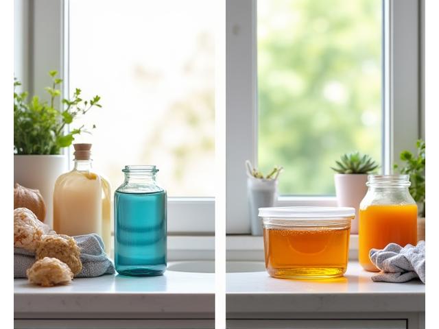Before and after of a kitchen, showing plastic-heavy vs. zero-waste alternatives.
