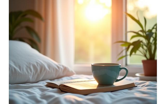 Sunrise through a window with a cup of coffee, symbolizing morning routine optimization.