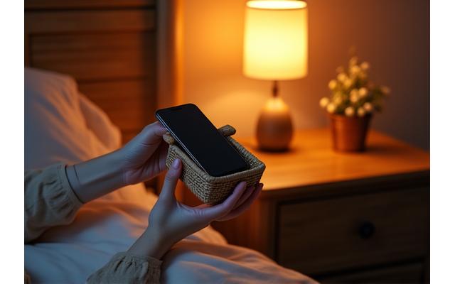 Person putting a phone into a basket before bed, symbolizing phone usage optimization.