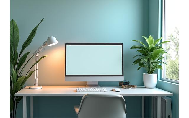 Ergonomic desk setup with healthy plant, symbolizing workspace wellness.
