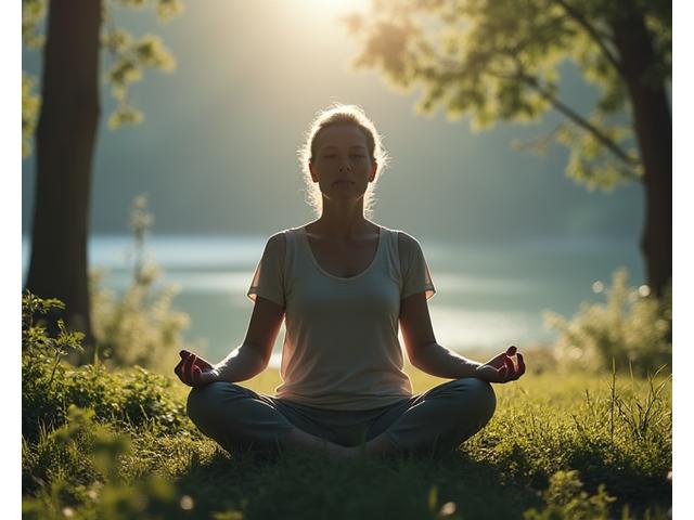 Person in a deep meditative state in a serene, natural environment, symbolizing advanced mindfulness practice.