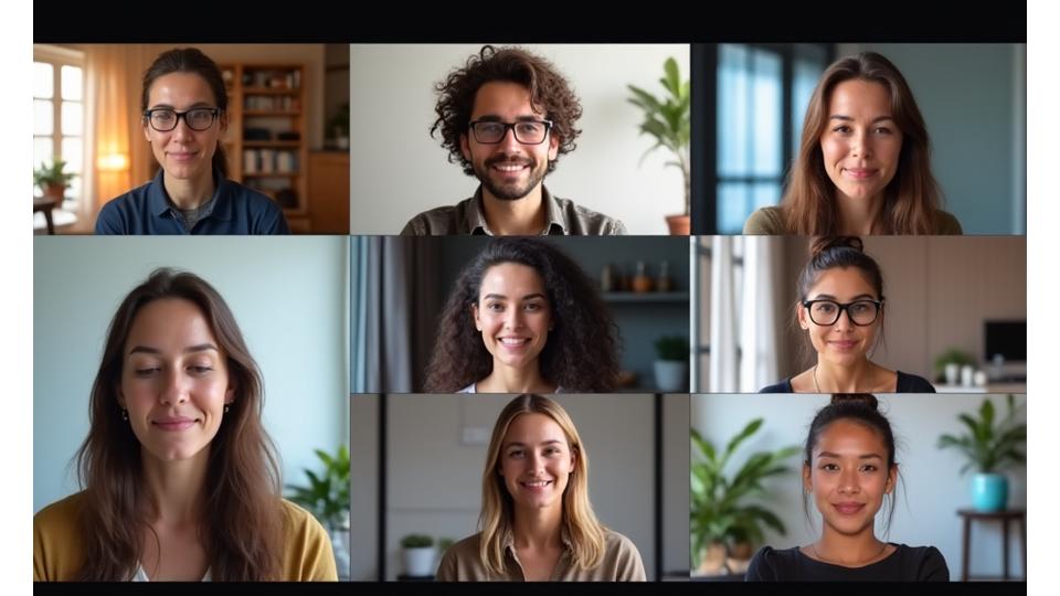Diverse group of adults meditating online together on a screen, fostering a sense of virtual community and support.