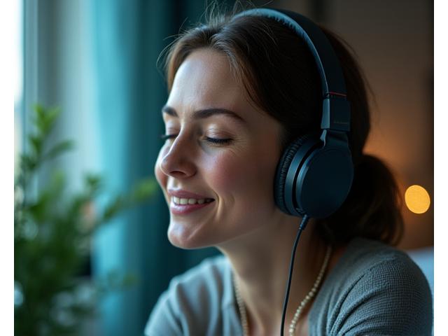 Person listening to guided meditation on headphones, with a serene background, representing a diverse audio library.