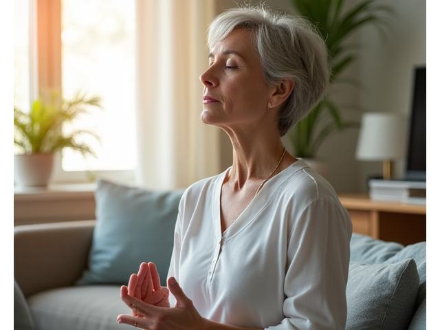 Woman meditating calmly in a sunlit home office, illustrating mindfulness fitting into daily adult life.