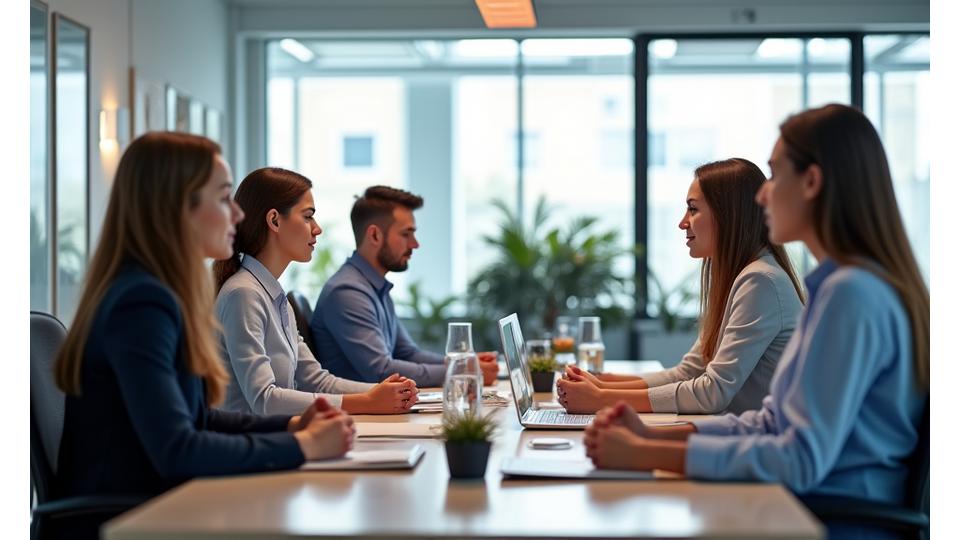 Professional diverse adults in a modern office engaging in calm, mindful moments, reflecting workplace stress relief.
