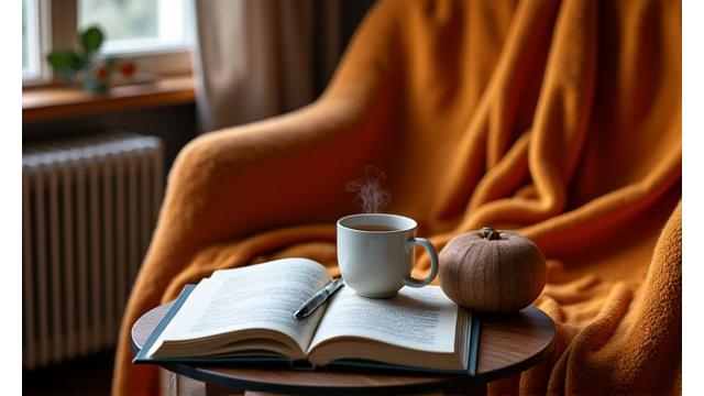 Autumn scene with cozy blanket, calming tea, and journal for fall wellness