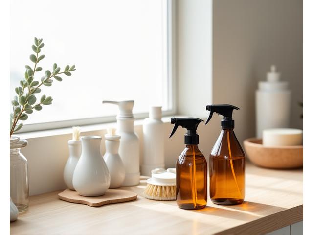 Eco-friendly cleaning supplies in reusable containers on a counter.
