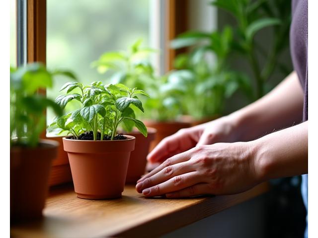 Adult hands gently tending to herbs in a small indoor organic garden.