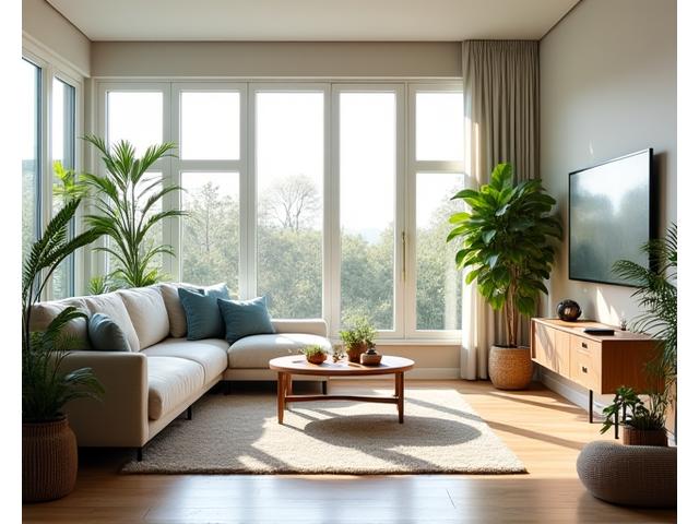 Modern, clean living room with natural light, plants, and sustainable furniture.