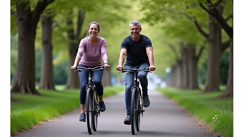 Adults happily biking on a tree-lined street in Portland.