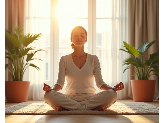 Mature woman meditating in a clean, sunlit room surrounded by plants.