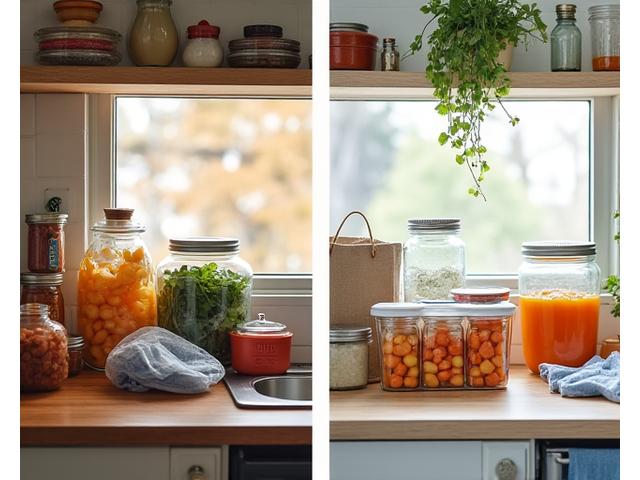 Split image showing a cluttered kitchen on left and organized zero-waste kitchen on right.