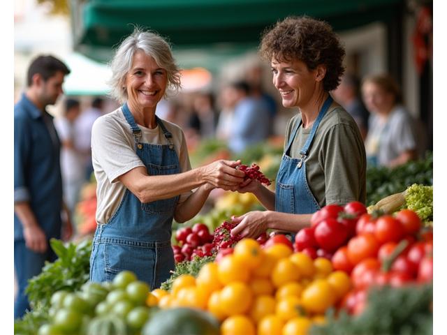 Adults selecting fresh produce at a vibrant Portland farmers market.
