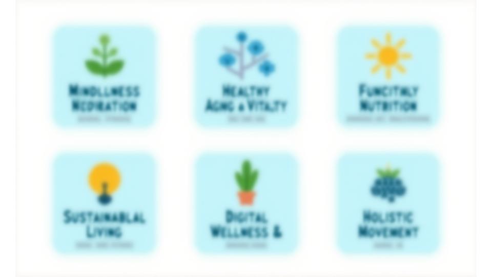 A vibrant display of wellness category tiles, showcasing topics like Mindfulness, Healthy Aging, and Nutrition, with icons representing each area.