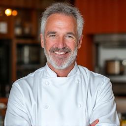 Portrait of Chef Marcus Thorne, a charismatic and energetic male chef in his 50s, specializing in functional nutrition.