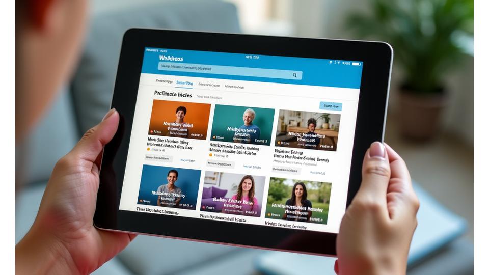 A 'Netflix-style' interface displaying a rich library of wellness workshop videos, categorized and with progress bars, accessible on a tablet device.