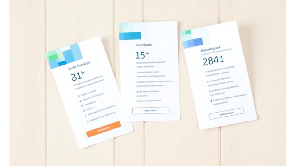 Three distinct pricing cards laid out on a clean, modern table, each card detailing membership benefits for virtual wellness workshops, with clear call-to-action buttons.