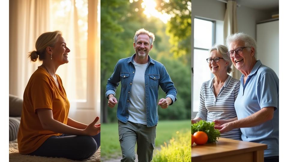 Happy adults engaged in various active wellness pursuits: one meditating calmly, another walking in nature, and a couple cooking together in a bright kitchen. Represents positive outcomes of wellness workshops.