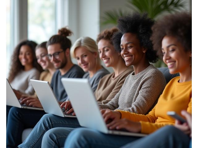 Diverse group of adults over 35 smiling and engaging in conversation online, depicting a vibrant and supportive online community.