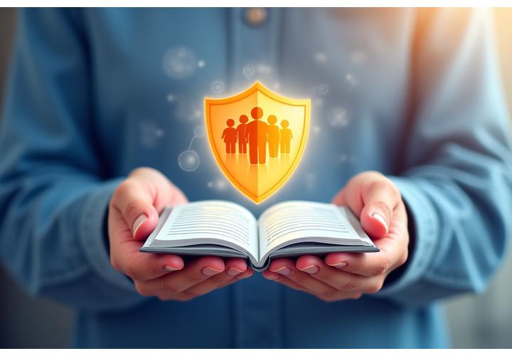Illustration of a person reading a document with a shield and diverse community icons in the background, symbolizing safety, trust, and clear rules in an online forum.