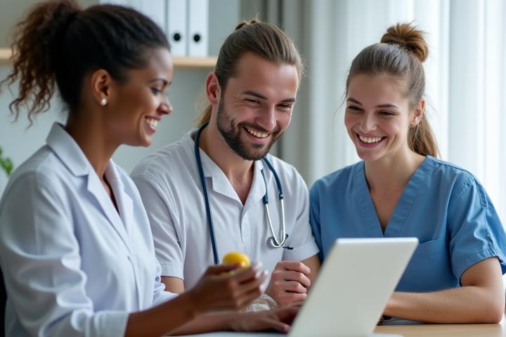 A diverse group of healthcare professionals, including a nutritionist and a mindfulness coach, engaging with a laptop, symbolizing expert online consultations and advice.